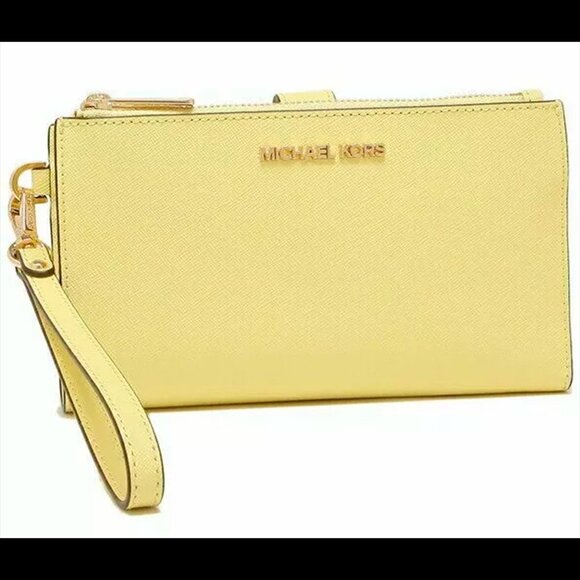 S Michael Kors Jet Set Travel Large Double-Zip Wristlet Yellow Leather NWT $198 - Picture 1 of 7